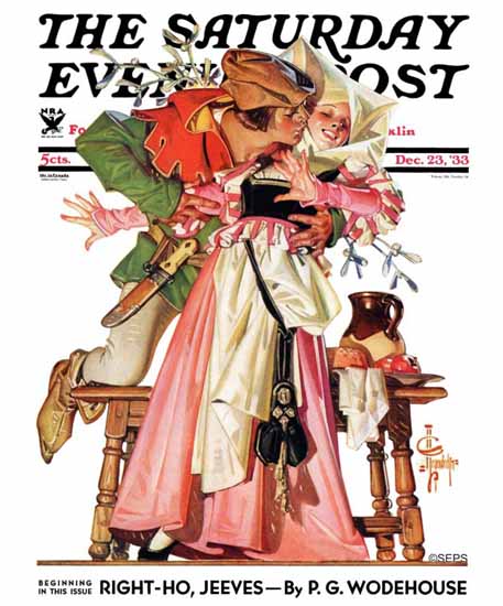 JC Leyendecker Saturday Evening Post Stealing Christmas Kiss 1933_12_23 | The Saturday Evening Post Graphic Art Covers 1931-1969