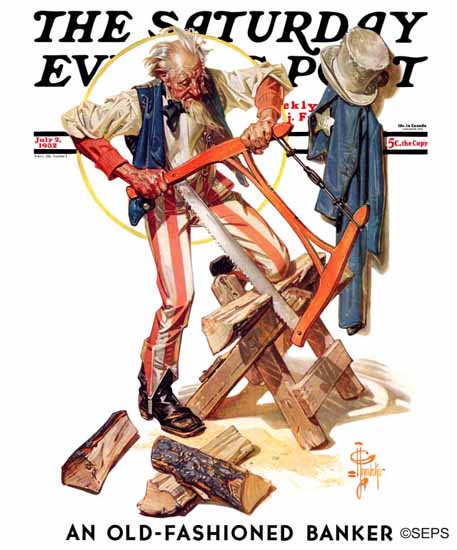 JC Leyendecker Saturday Evening Post Uncle Sam Sawing 1932_07_02 | The Saturday Evening Post Graphic Art Covers 1931-1969