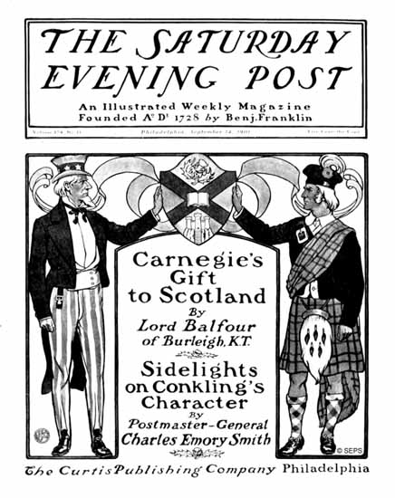 JJ Gould Saturday Evening Post Carnegies Gift to Scotland 1901_09_14 | The Saturday Evening Post Graphic Art Covers 1892-1930