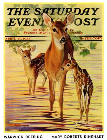 Jack Murray Saturday Evening Post Doe and Fawns 1933_04_29 | The Saturday Evening Post Graphic Art Covers 1931-1969