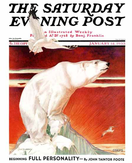 Jack Murray Saturday Evening Post Polar Bear on Iceberg 1933_01_14 | The Saturday Evening Post Graphic Art Covers 1931-1969