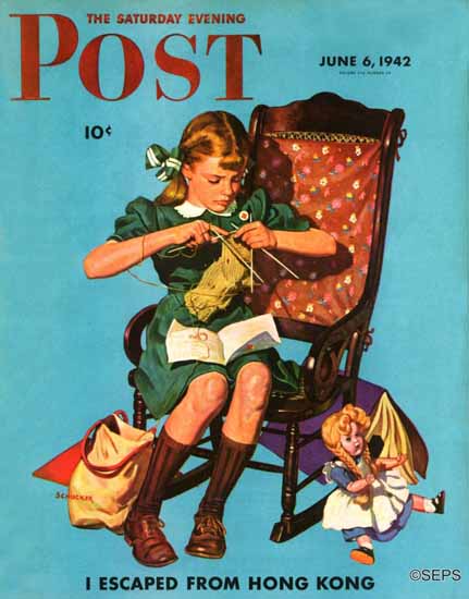 James W Schucker Saturday Evening Post Knitting War Effort 1942_06_06 | The Saturday Evening Post Graphic Art Covers 1931-1969