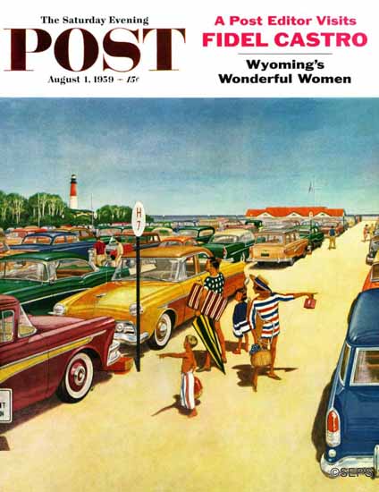 James Williamson Saturday Evening Post Beach Parking Lot 1959_08_01 | The Saturday Evening Post Graphic Art Covers 1931-1969