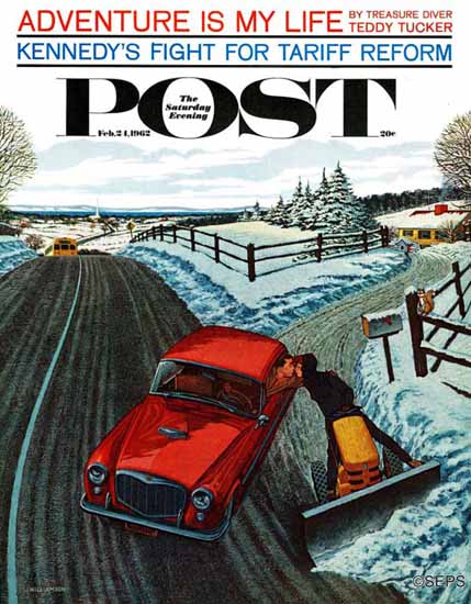 James Williamson Saturday Evening Post Kiss At End Driveway 1962_02_24 | The Saturday Evening Post Graphic Art Covers 1931-1969