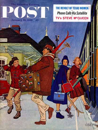 James Williamson Saturday Evening Post Wrong Week to Ski 1961_01_14 | The Saturday Evening Post Graphic Art Covers 1931-1969