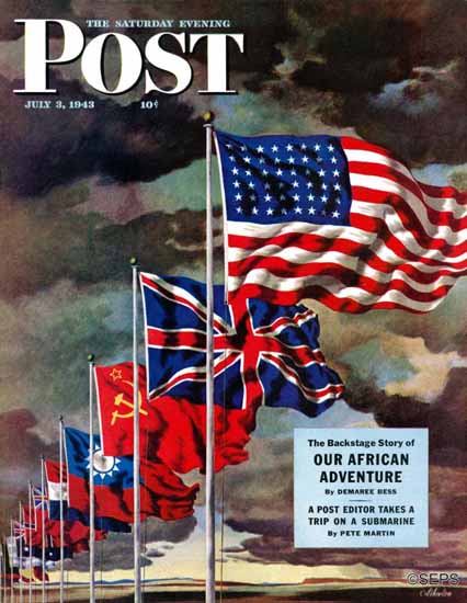 John Atherton Saturday Evening Post Allied Forces Flags 1943_07_03 | The Saturday Evening Post Graphic Art Covers 1931-1969