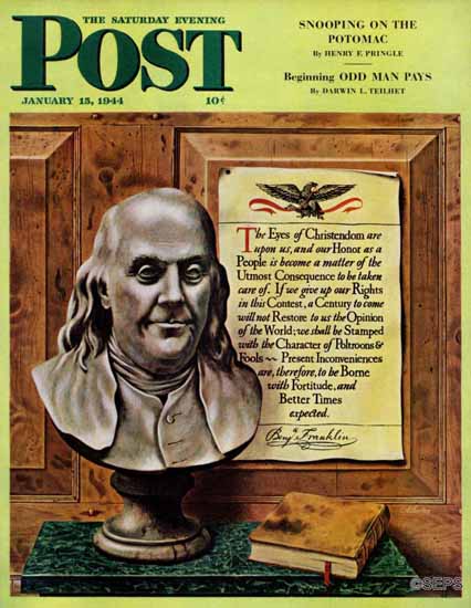 John Atherton Saturday Evening Post Benjamin Franklin Quote 1944_01_15 | The Saturday Evening Post Graphic Art Covers 1931-1969