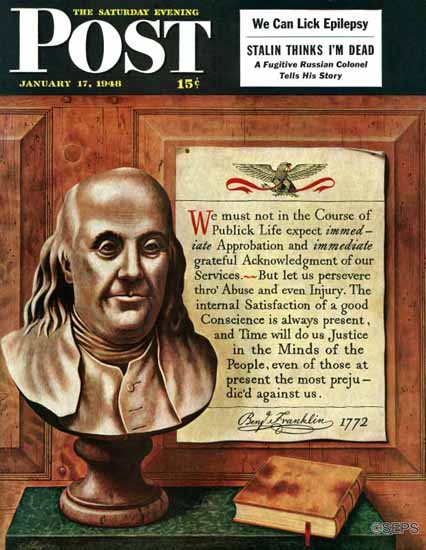 John Atherton Saturday Evening Post Benjamin Franklin Quote 1948_01_17 | The Saturday Evening Post Graphic Art Covers 1931-1969