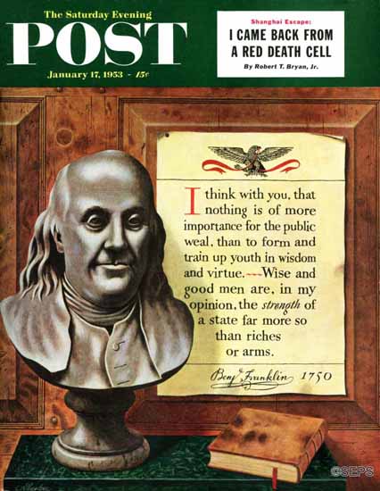 John Atherton Saturday Evening Post Benjamin Franklin Quote 1953_01_17 | The Saturday Evening Post Graphic Art Covers 1931-1969