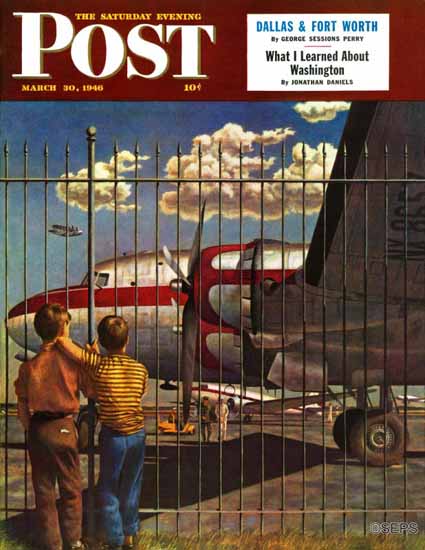 John Atherton Saturday Evening Post Boys at Airport 1946_03_30 | The Saturday Evening Post Graphic Art Covers 1931-1969