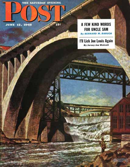 John Atherton Saturday Evening Post Fishing Under Bridge 1948_06_12 | The Saturday Evening Post Graphic Art Covers 1931-1969