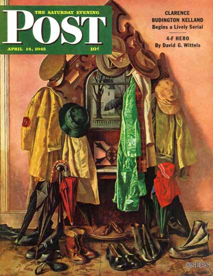 John Atherton Saturday Evening Post Loaded Coat Rack 1945_04_14 | The Saturday Evening Post Graphic Art Covers 1931-1969