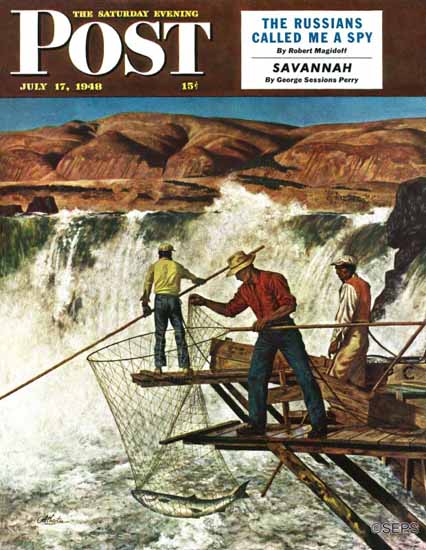 John Atherton Saturday Evening Post Salmon Fishing 1948_07_17 | The Saturday Evening Post Graphic Art Covers 1931-1969