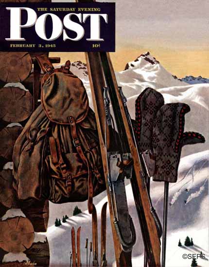 John Atherton Saturday Evening Post Ski Equipment Still Life 1945_02_03 | The Saturday Evening Post Graphic Art Covers 1931-1969