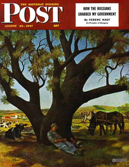 John Atherton Saturday Evening Post Sleeping Farmer 1947_08_23 | The Saturday Evening Post Graphic Art Covers 1931-1969