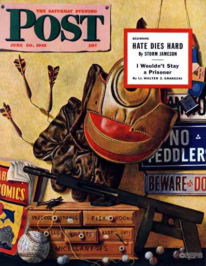 John Atherton Saturday Evening Post Still Life of Boys Toys 1945_06_30 | The Saturday Evening Post Graphic Art Covers 1931-1969