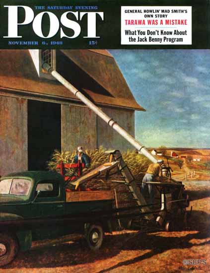 John Atherton Saturday Evening Post Storing the Corn 1948_11_06 | The Saturday Evening Post Graphic Art Covers 1931-1969