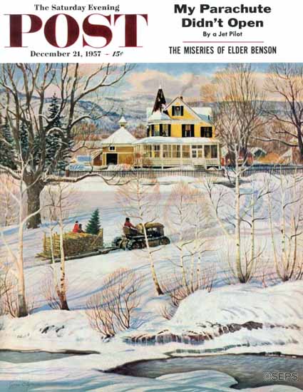 John Clymer Saturday Evening Post Bringing Home the Tree 1957_12_21 | The Saturday Evening Post Graphic Art Covers 1931-1969