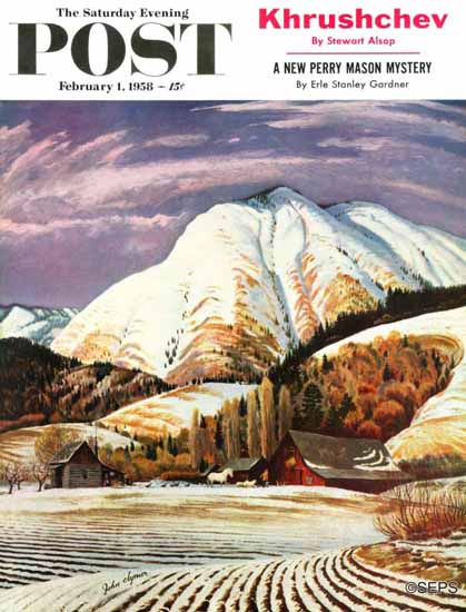 John Clymer Saturday Evening Post Cascade Mountain Farm 1958_02_01 | The Saturday Evening Post Graphic Art Covers 1931-1969