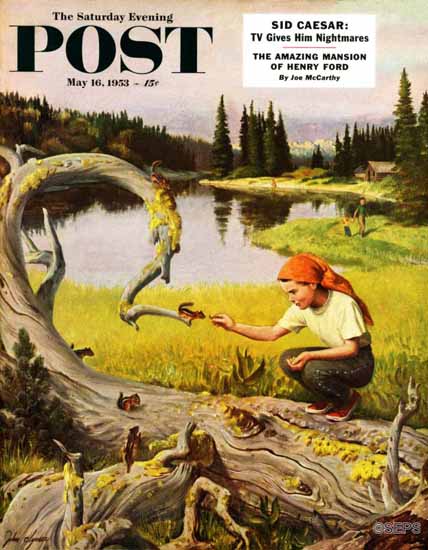 John Clymer Saturday Evening Post Feeding Chipmunks 1953_05_16 | The Saturday Evening Post Graphic Art Covers 1931-1969