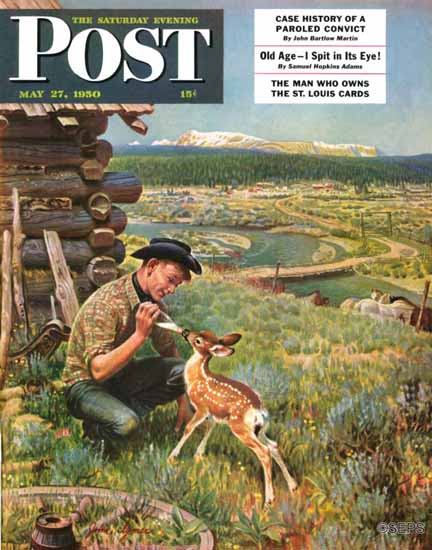 John Clymer Saturday Evening Post Feeding Fawn 1950_05_27 | The Saturday Evening Post Graphic Art Covers 1931-1969