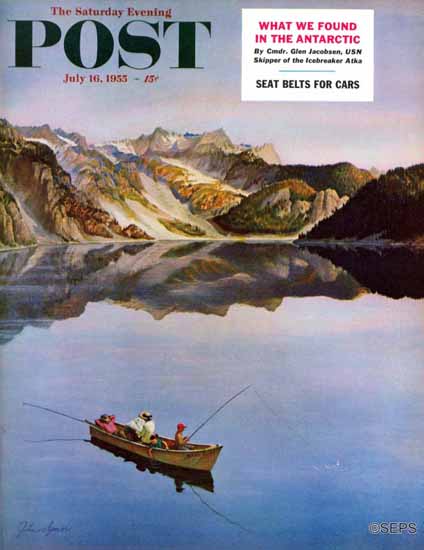 John Clymer Saturday Evening Post Fishing on Mountain Lake 1955_07_16 | The Saturday Evening Post Graphic Art Covers 1931-1969