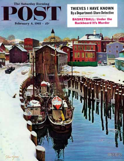 John Clymer Saturday Evening Post Gloucester Harbor Winter 1961_02_04 | The Saturday Evening Post Graphic Art Covers 1931-1969