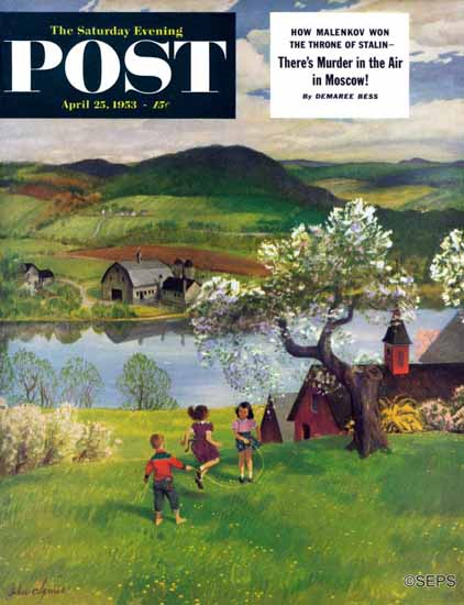 John Clymer Saturday Evening Post Jumping Rope Apple Tree 1953_04_25 | The Saturday Evening Post Graphic Art Covers 1931-1969