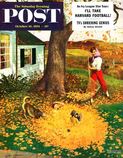 John Clymer Saturday Evening Post Leaf Pile 1954_10_16 | The Saturday Evening Post Graphic Art Covers 1931-1969