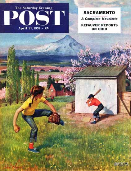 John Clymer Saturday Evening Post Oregon Baseball 1951_04_21 | The Saturday Evening Post Graphic Art Covers 1931-1969