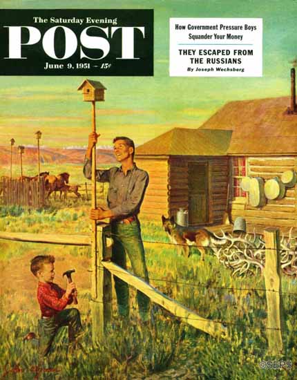 John Clymer Saturday Evening Post Putting Up Birdhouses 1951_06_09 | The Saturday Evening Post Graphic Art Covers 1931-1969