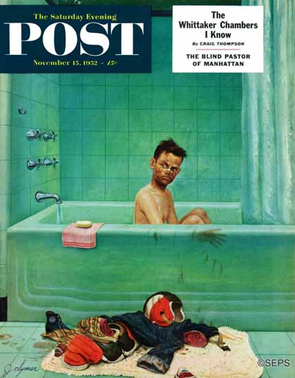 John Clymer Saturday Evening Post Quarterback in the Tub 1952_11_15 | The Saturday Evening Post Graphic Art Covers 1931-1969