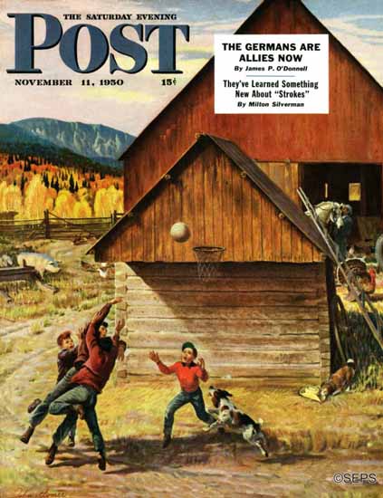 John Clymer Saturday Evening Post Ranch Basketball 1950_11_11 | The Saturday Evening Post Graphic Art Covers 1931-1969