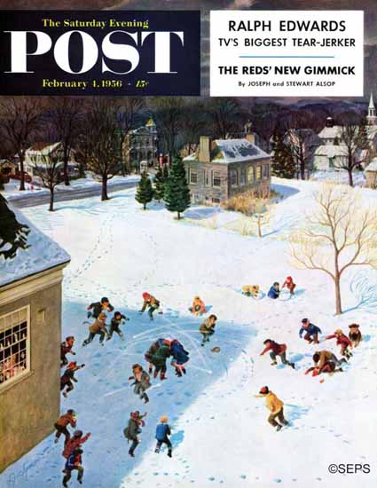 John Clymer Saturday Evening Post Snowball Recess 1956_02_04 | The Saturday Evening Post Graphic Art Covers 1931-1969