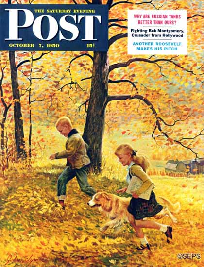 John Clymer Saturday Evening Post Walking Home Leaves 1950_10_07 | The Saturday Evening Post Graphic Art Covers 1931-1969