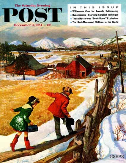 John Clymer Saturday Evening Post Walking on the Fence 1954_12_04 | The Saturday Evening Post Graphic Art Covers 1931-1969