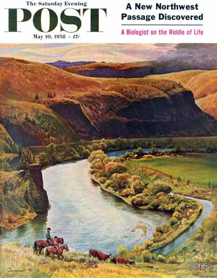 John Clymer Saturday Evening Post Yakima River Cattle 1958_05_10 | The Saturday Evening Post Graphic Art Covers 1931-1969