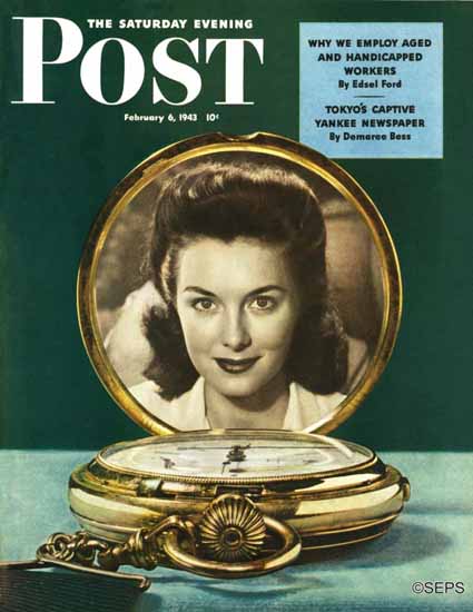 John E Sheridan Saturday Evening Post Love Pocket Watch 1943_02_06 | The Saturday Evening Post Graphic Art Covers 1931-1969