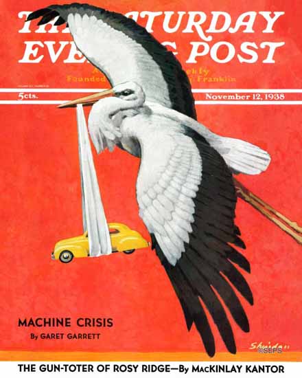 John E Sheridan Saturday Evening Post New Born Automobile 1938_11_12 | The Saturday Evening Post Graphic Art Covers 1931-1969