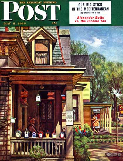 John Falter Saturday Evening Post Birdhouse Builder 1948_05_08 | The Saturday Evening Post Graphic Art Covers 1931-1969