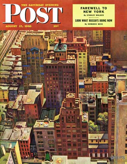 John Falter Saturday Evening Post Birds View of New York City 1946_08_17 | The Saturday Evening Post Graphic Art Covers 1931-1969