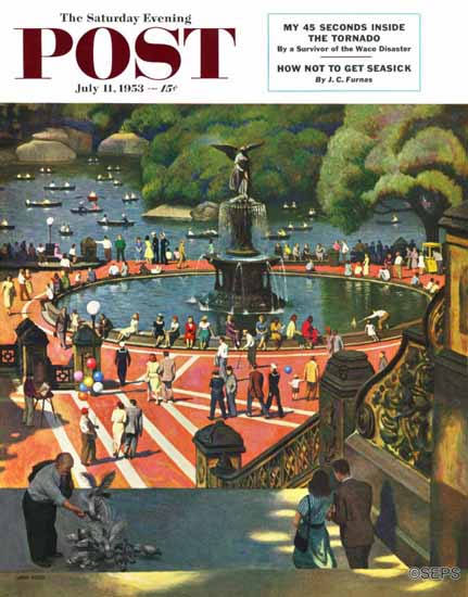 John Falter Saturday Evening Post Boating in Central Park 1953_07_11 | The Saturday Evening Post Graphic Art Covers 1931-1969