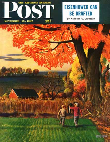 John Falter Saturday Evening Post Bringing Home the Skunk 1947_11_15 | The Saturday Evening Post Graphic Art Covers 1931-1969