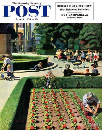 John Falter Saturday Evening Post City Park 1954_06_05 | The Saturday Evening Post Graphic Art Covers 1931-1969