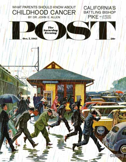 John Falter Saturday Evening Post Commuters in the Rain 1961_10_07 | The Saturday Evening Post Graphic Art Covers 1931-1969