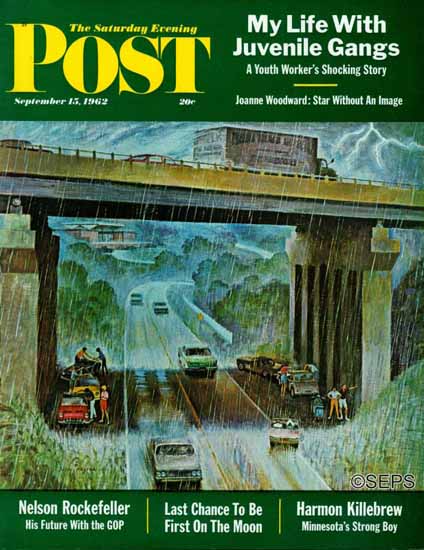 John Falter Saturday Evening Post Convertibles Take Cover 1962_09_15 | The Saturday Evening Post Graphic Art Covers 1931-1969