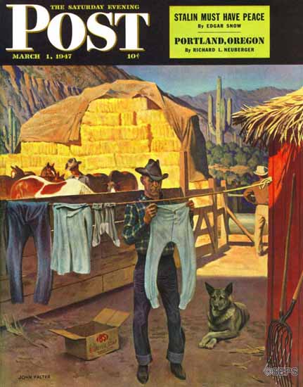 John Falter Saturday Evening Post Cowboy Hanging Laundry 1947_03_01 | The Saturday Evening Post Graphic Art Covers 1931-1969