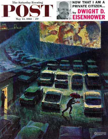 John Falter Saturday Evening Post Drive-In Movie in the Rain 1961_05_13 | The Saturday Evening Post Graphic Art Covers 1931-1969