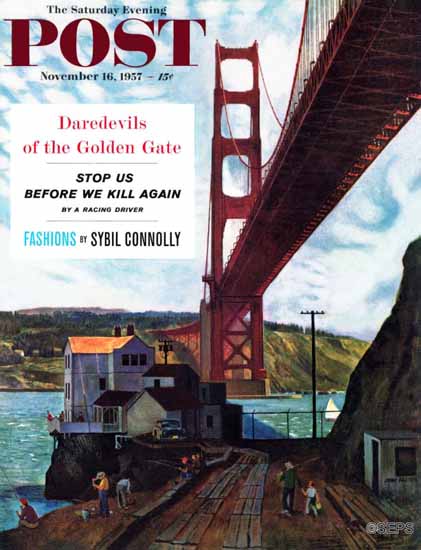 John Falter Saturday Evening Post Fishing Under Golden Gate 1957_11_16 | The Saturday Evening Post Graphic Art Covers 1931-1969