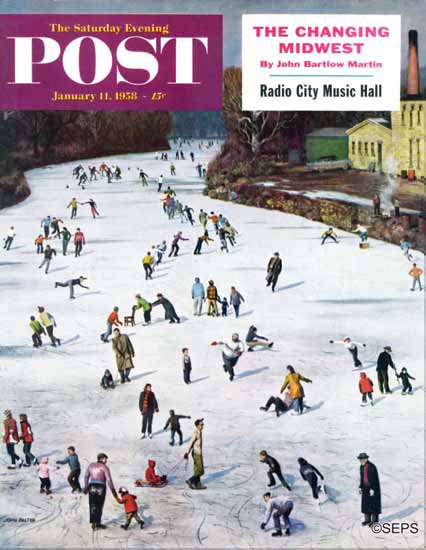 John Falter Saturday Evening Post Fox River Ice-Skating 1958_01_11 | The Saturday Evening Post Graphic Art Covers 1931-1969